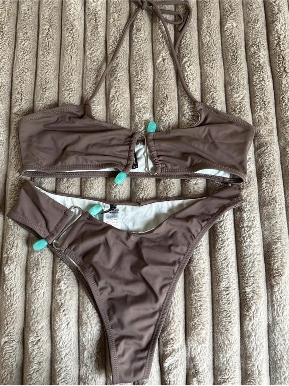 PrettyLittleThing Taupe Bikini Set with Turquoise Bead Accents